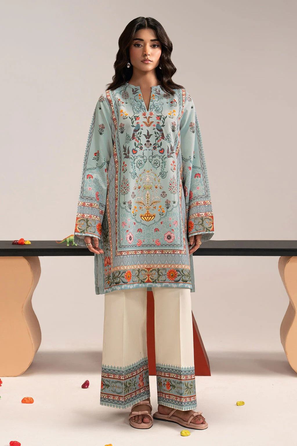 Sky Blue Printed Shirt with White Capri