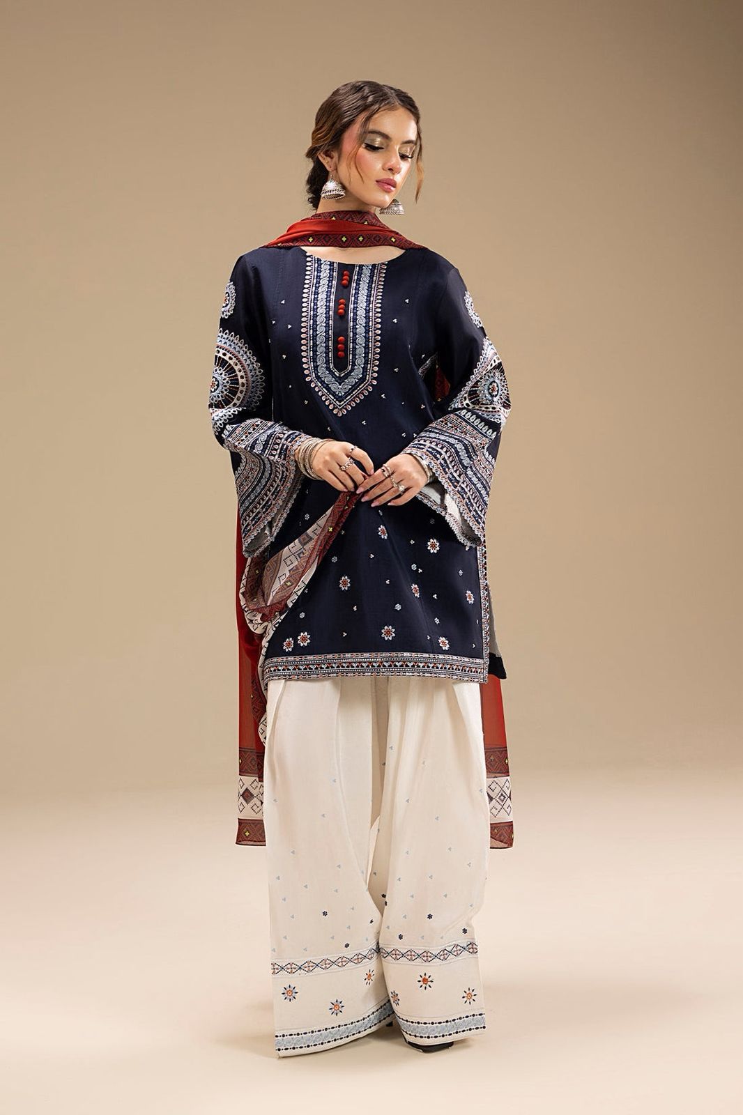 Elegant Blue Suit | Silver Embroidery with Red Touch
