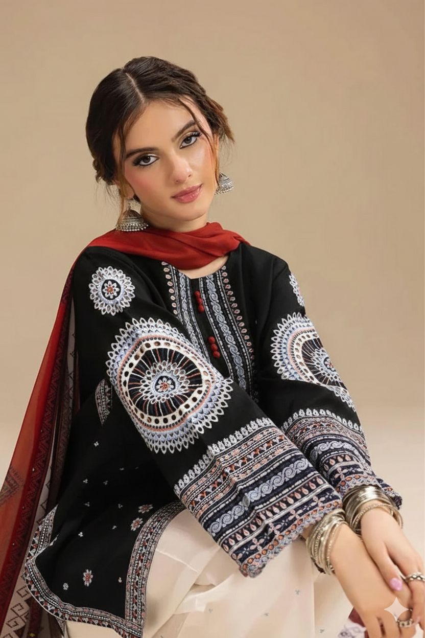 Elegant Blue Suit | Silver Embroidery with Red Touch