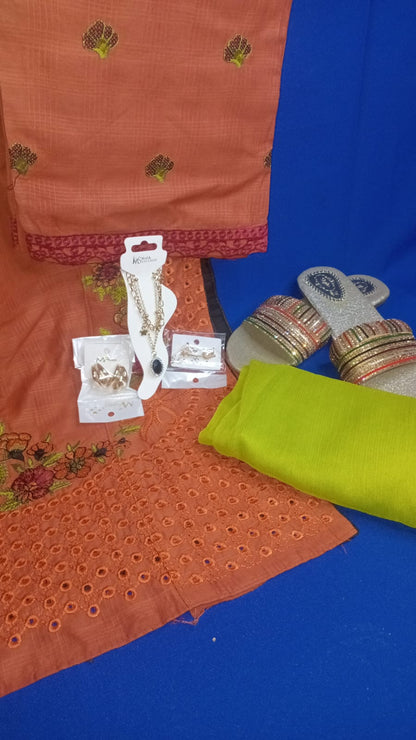 3 pcs stiched lawn suite with jewerlly set and khussa
