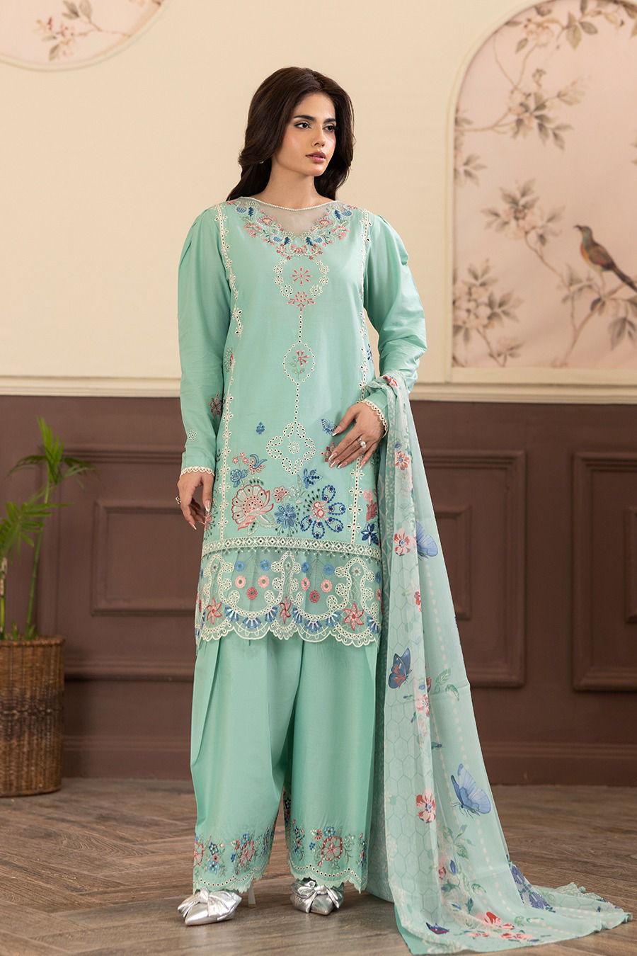 cool-toned blend of green and blue. With embroidery