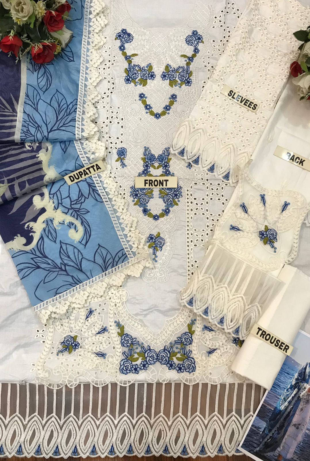 Elegant White & Blue Embroidered  Fancy Suit