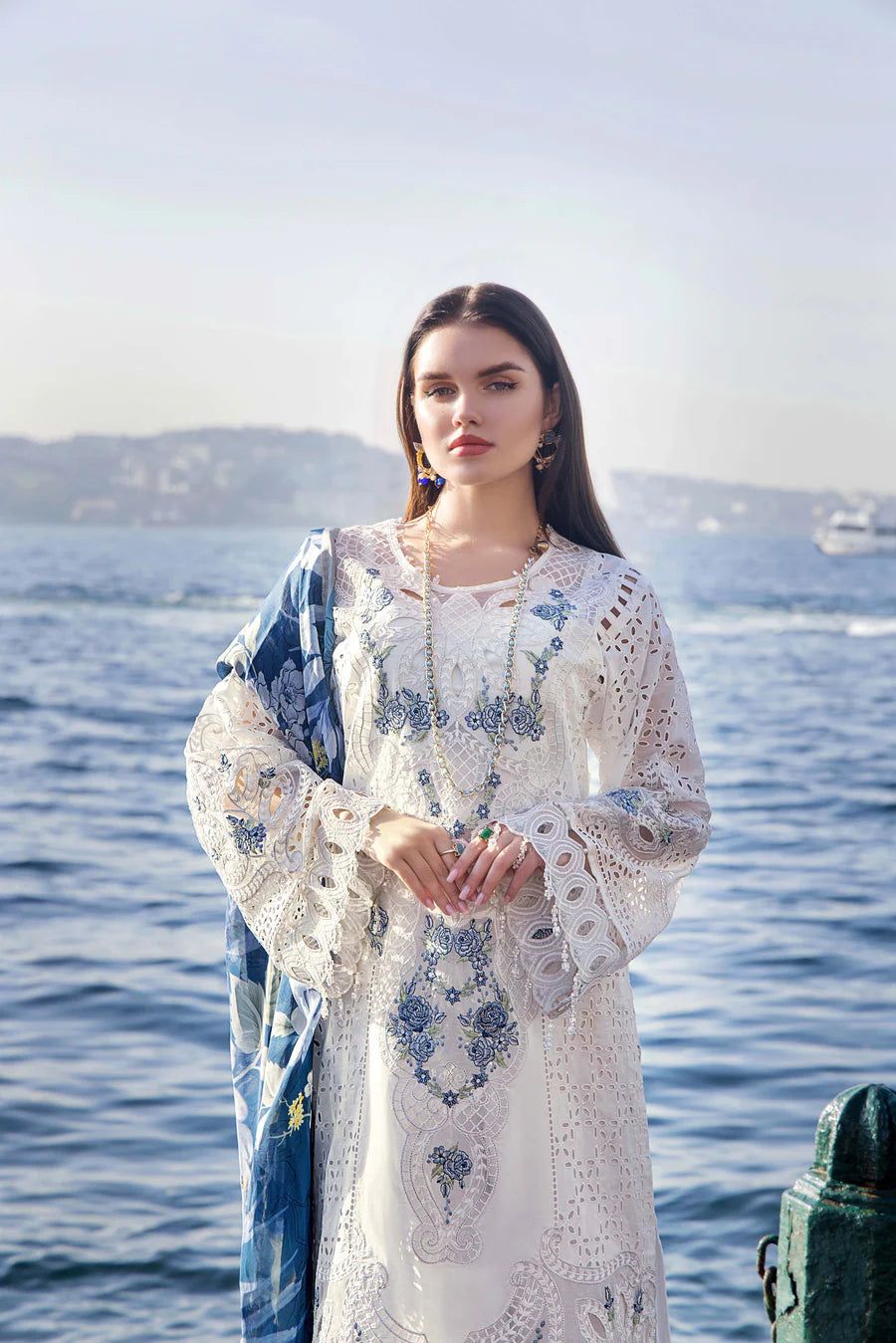 Elegant White & Blue Embroidered  Fancy Suit