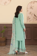 cool-toned blend of green and blue. With embroidery